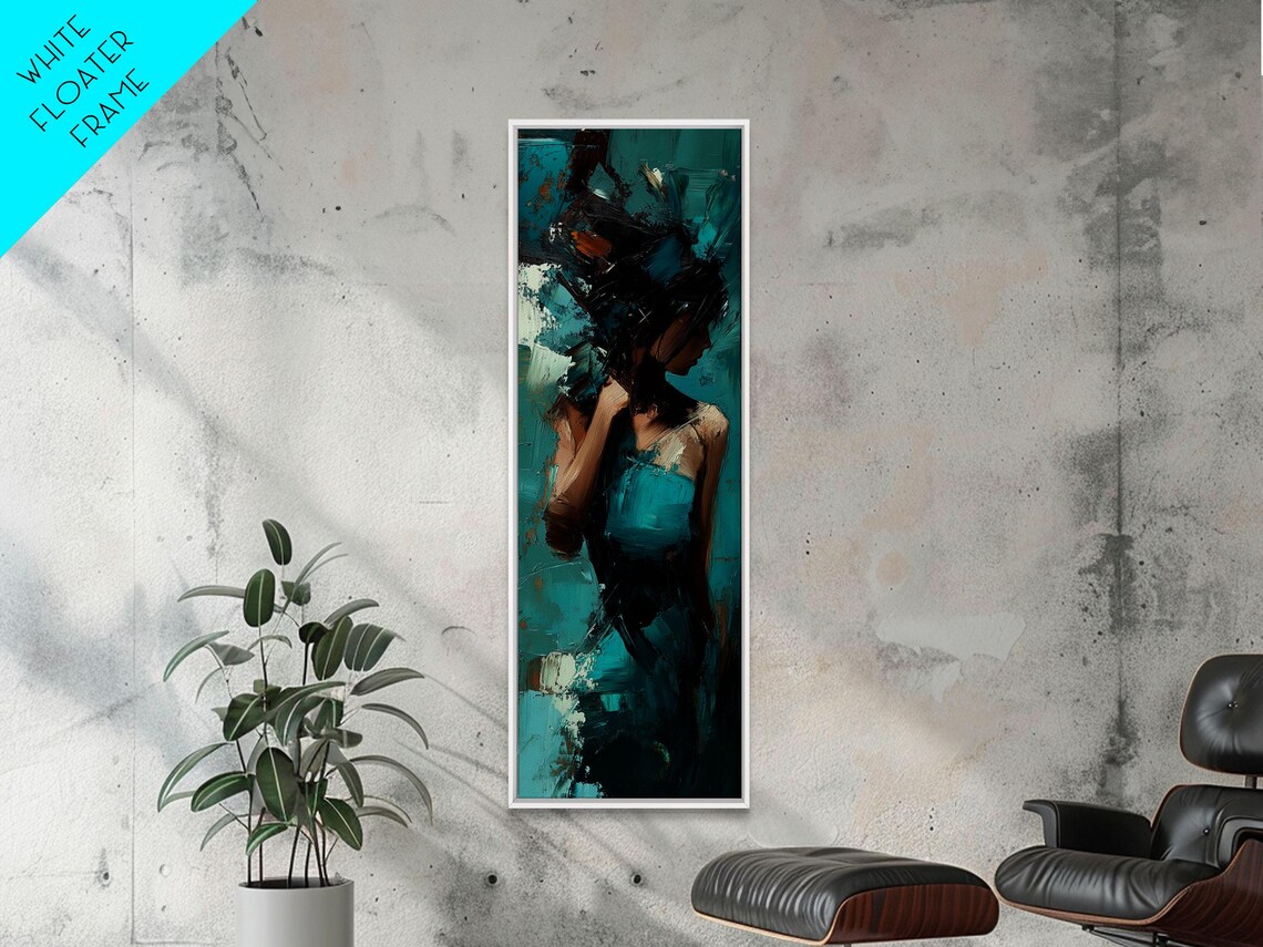 Moody Teal Woman Portrait Tall Vertical Abstract Brushstroke Art Poster - Image 3