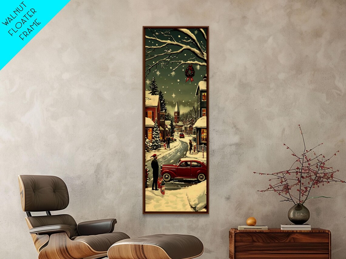 Snowy Night Street Red Vintage Car Wreath Church Christmas Poster - Image 4
