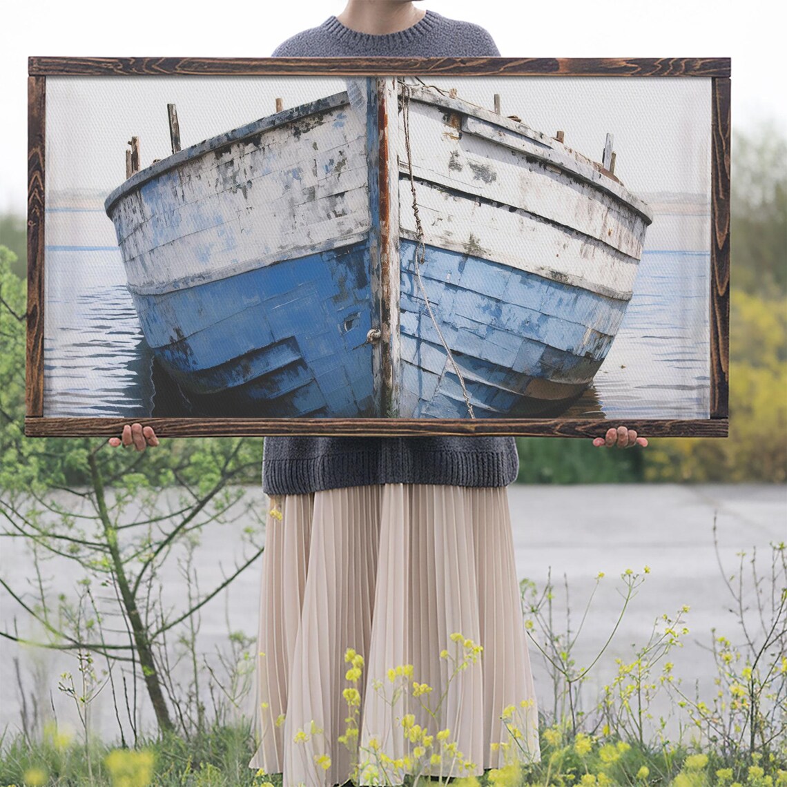 Weathered Blue Wooden Boat Bow White Hull Nautical Coastal Photo Poster - Image 2