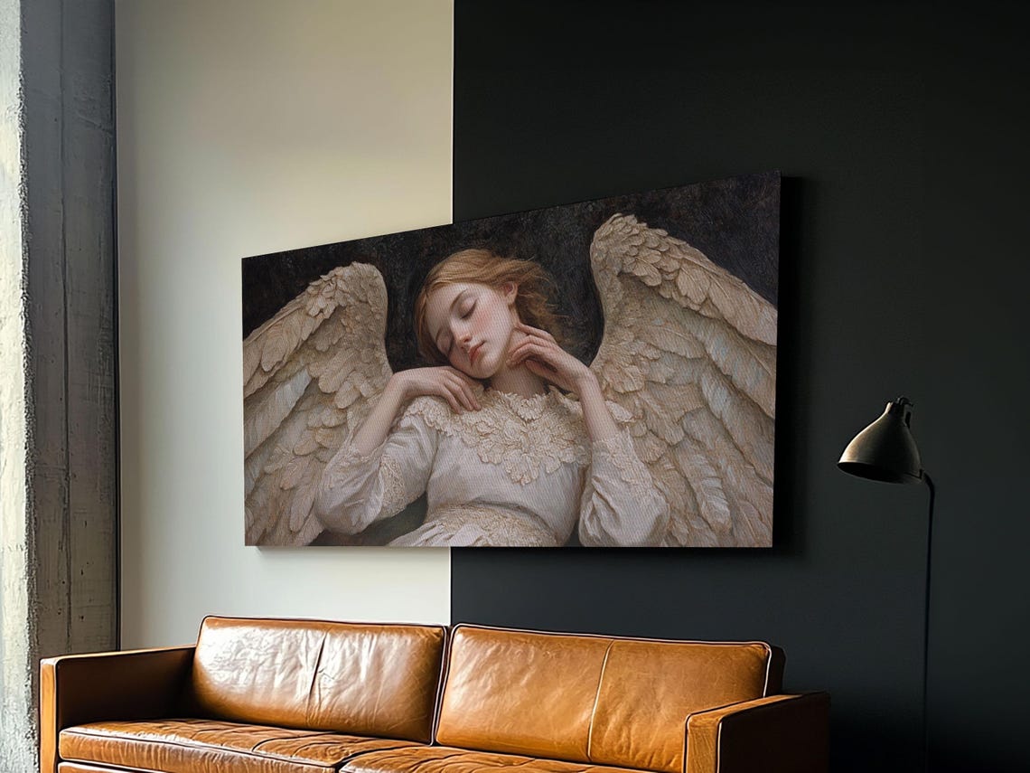 Sleeping Angel Feathered Wings Peaceful Renaissance Style Poster - Image 2