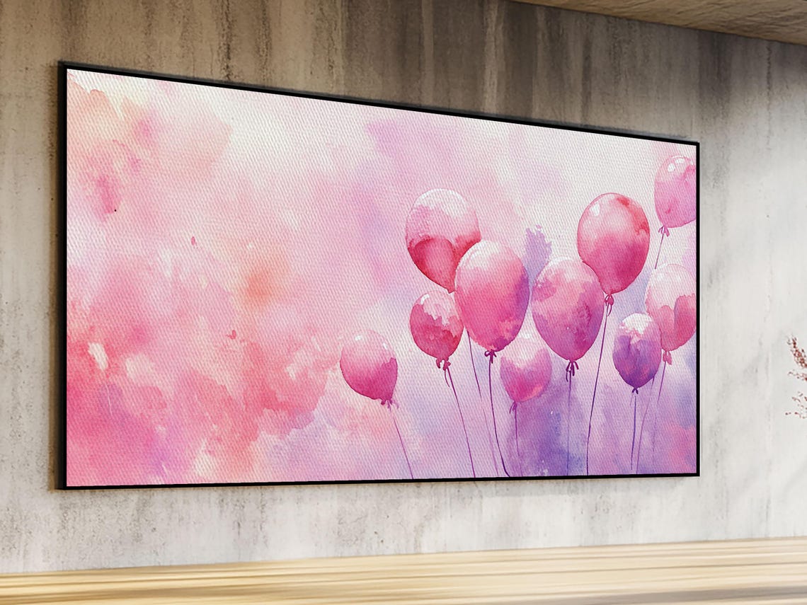 Pink Balloons Painting Framed Print Whimsical Art Light Pink Wall Decor Extra Wide Horizontal Wall Art Rustic Art Gift - Image 2