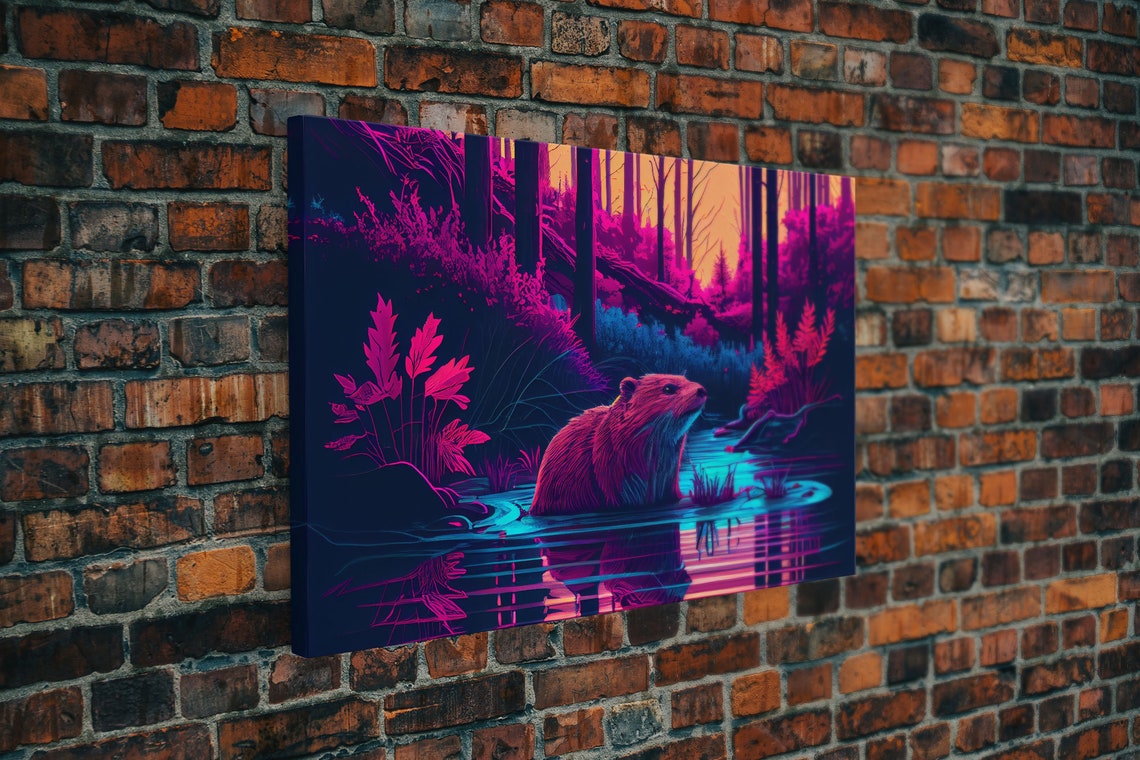 Vaporwave Beaver River Night Neon Pink Forest Reflection Poster - Image 5