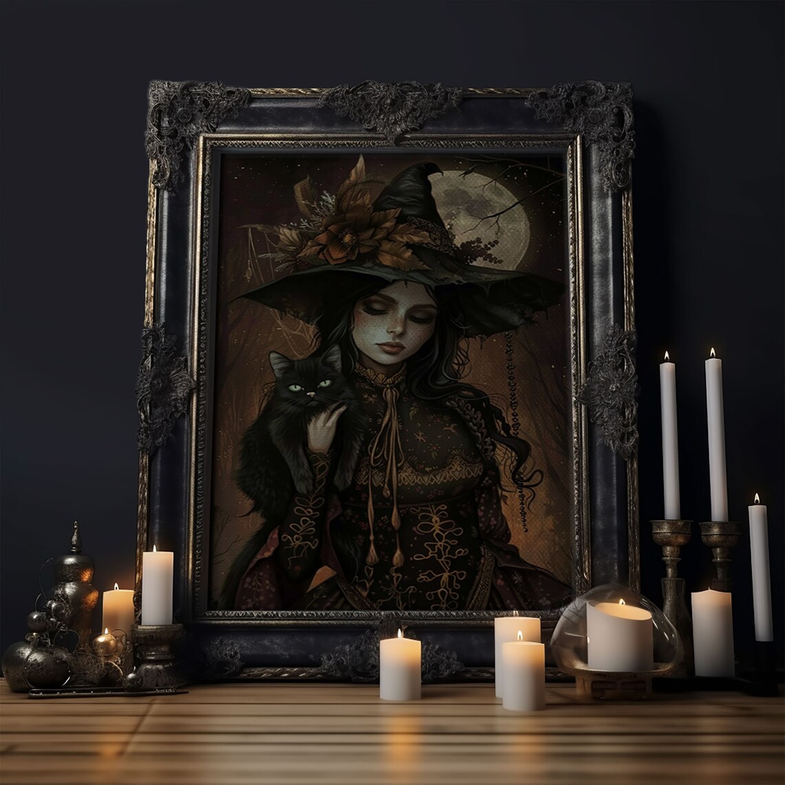 The Witch And Black Cat, Spooky Victorian Art Print