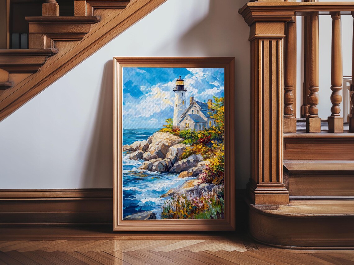 Maine Lighthouse Rocky Coast Waves Blue Sky Coastal Painting Art Poster - Image 2