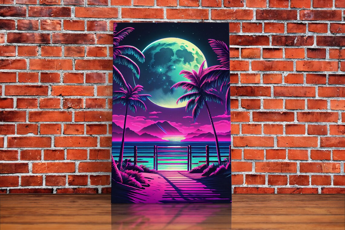 Full Moon Over A Florida Beach, Palm Trees Outrun Style