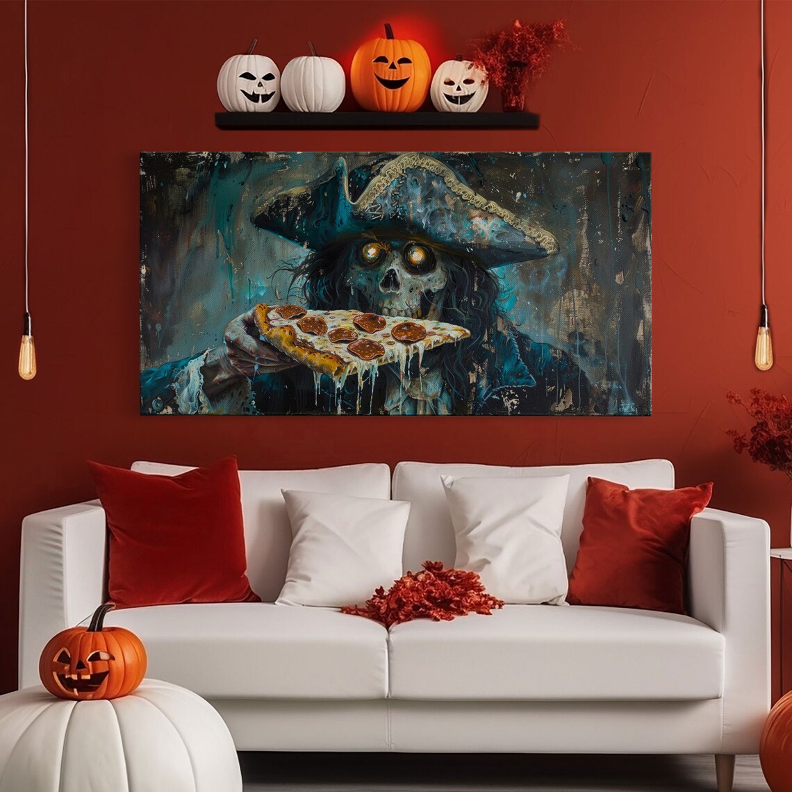 Ghost Pirate Eating Pepperoni Pizza Funny Spooky Halloween Art Print - Image 6