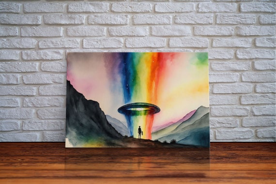 The Abduction Rainbow Ufo Art Watercolor Framed Print Science Fiction Wall Decor