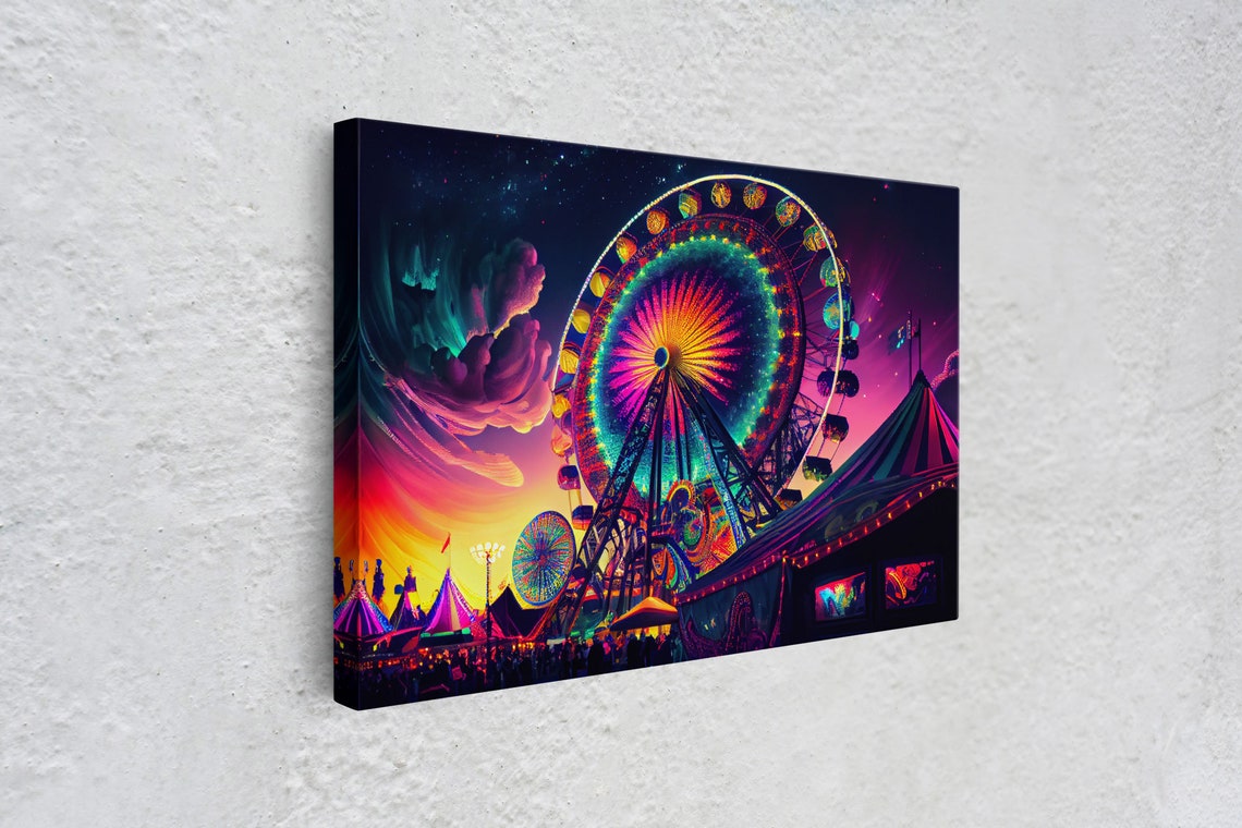 Synthwave Carnival Neon Ferris Wheel Night Sky Colorful Poster - Image 4