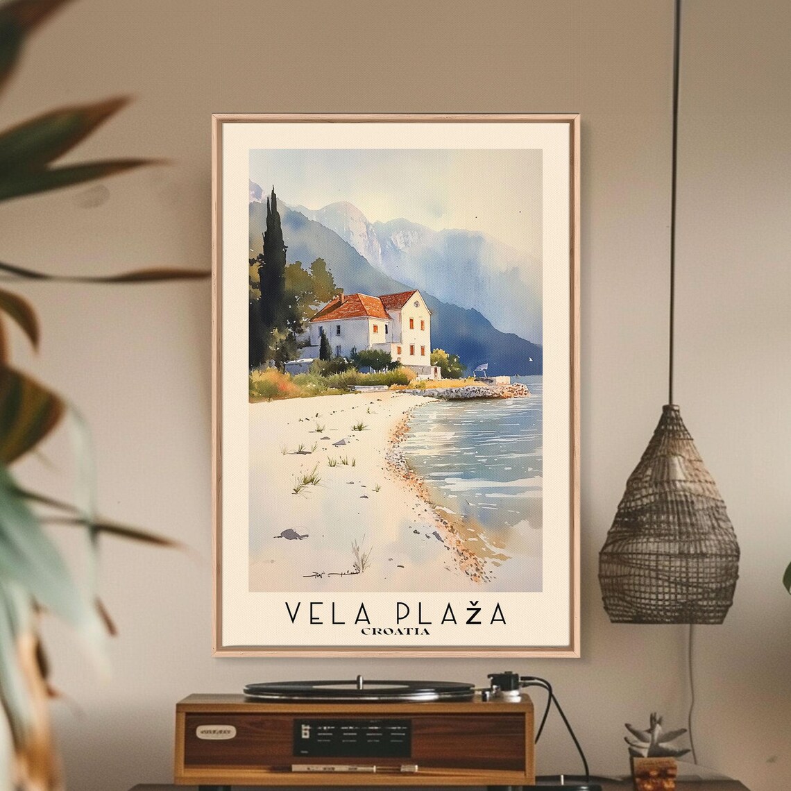 Vela Plaza Croatia Watercolor Beach And Mountain Coast Travel Poster - Image 3