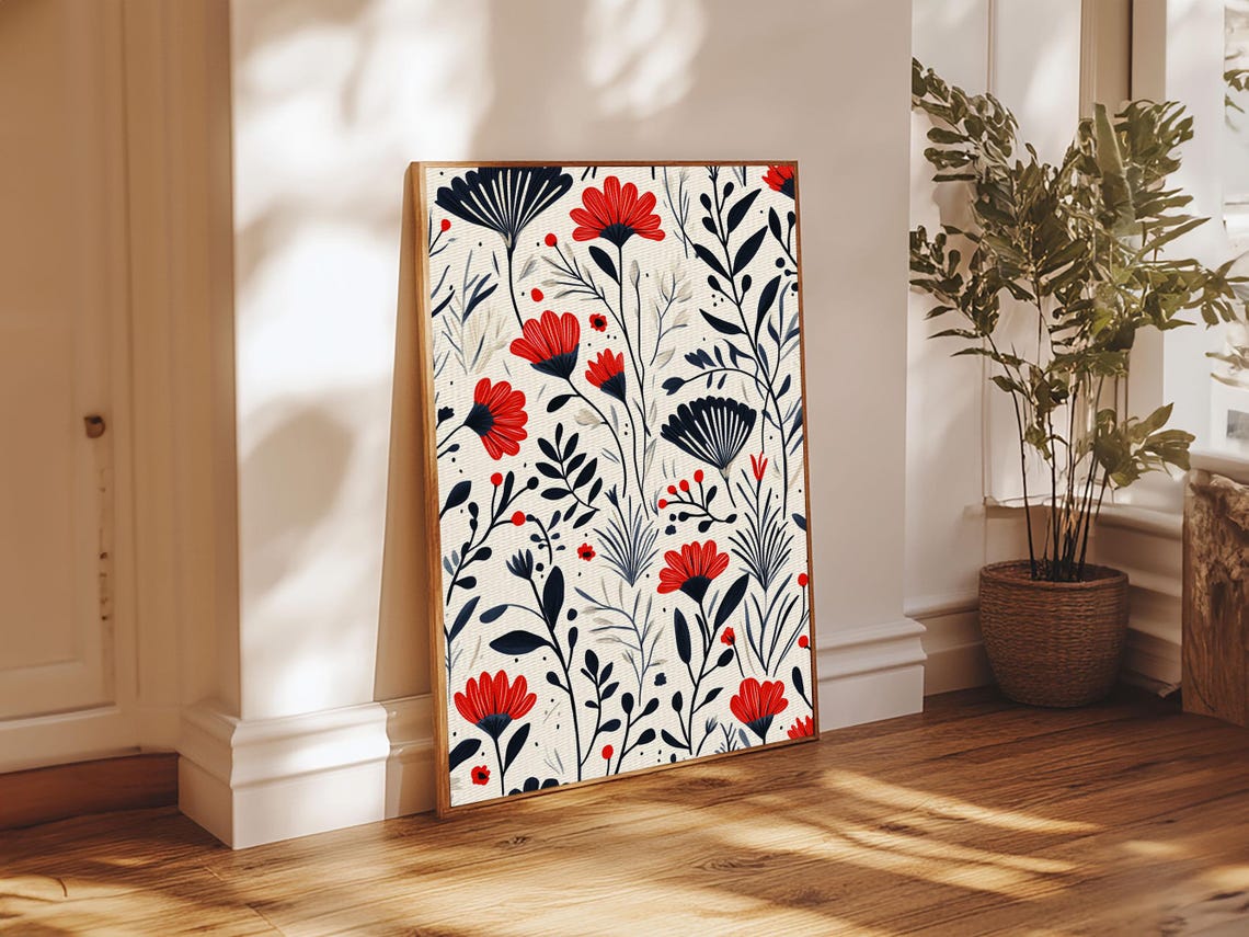 Scandinavian Red Navy Floral Pattern Minimalist Botanical Art Print - Image 6