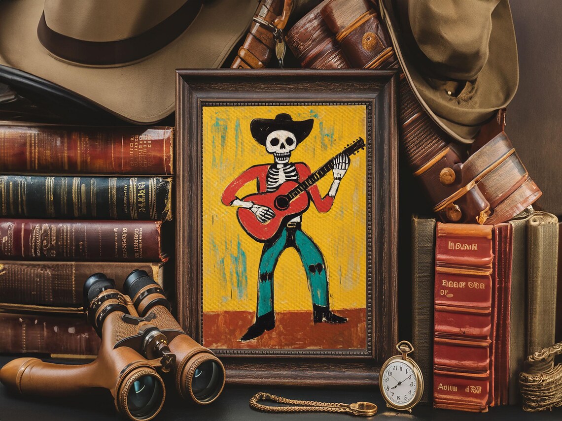 Cowboy Skeleton Guitarist Vaquero Day Of The Dead Folk Art Print - Image 6