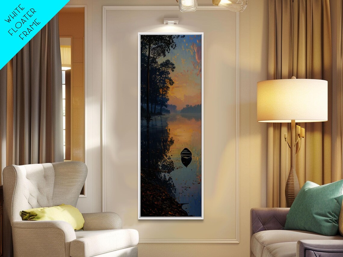 Calm River Reflection With Lone Boat Art Print - Image 3