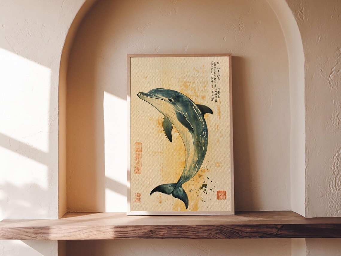 Japanese Style Dolphin Print Nautical Decor Framed Print Dolphin Painting Dolphin Art Gift For Him Office Art - Image 4