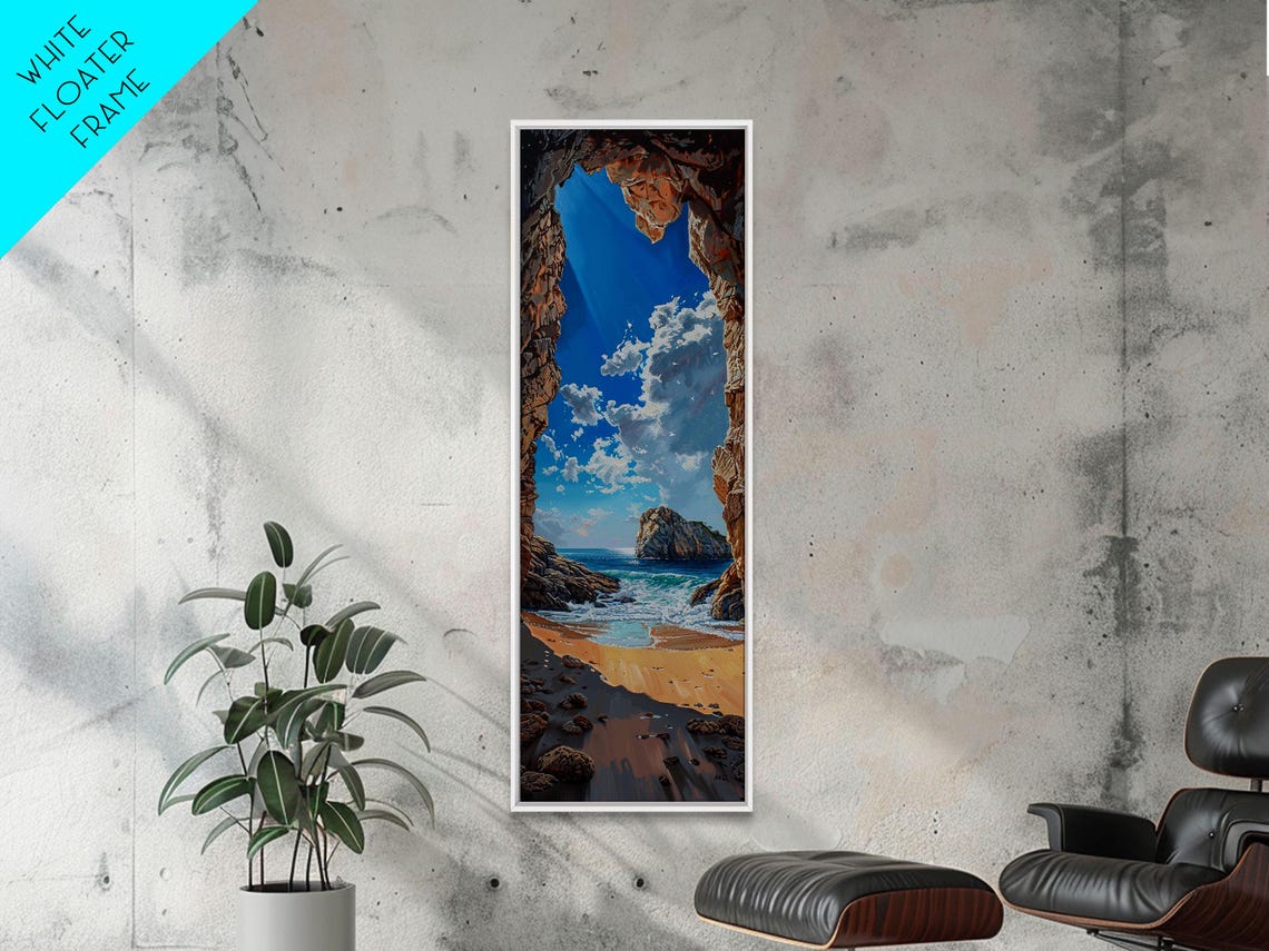 Sunlit Beach Rocky Cliff Archway Crystal Blue Sea Dramatic View Poster - Image 6
