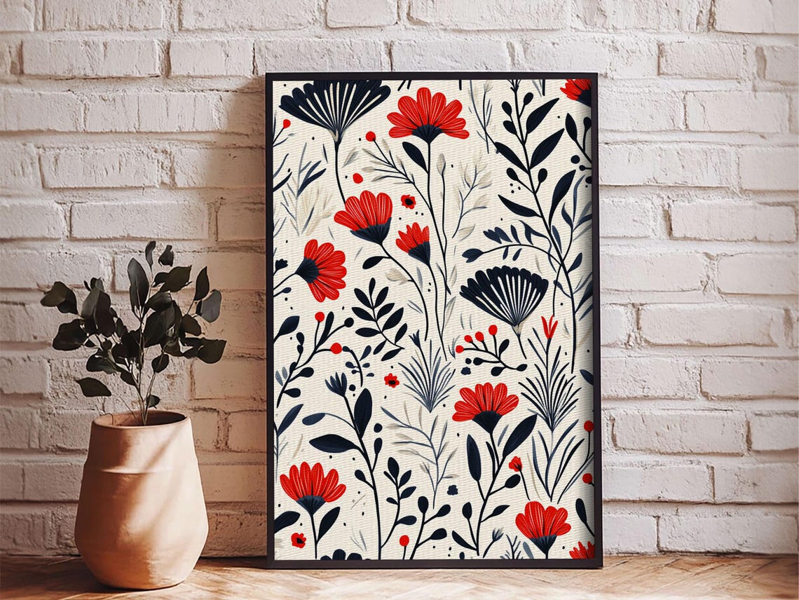Scandinavian Red Navy Floral Pattern Minimalist Botanical Art Print - Image 3