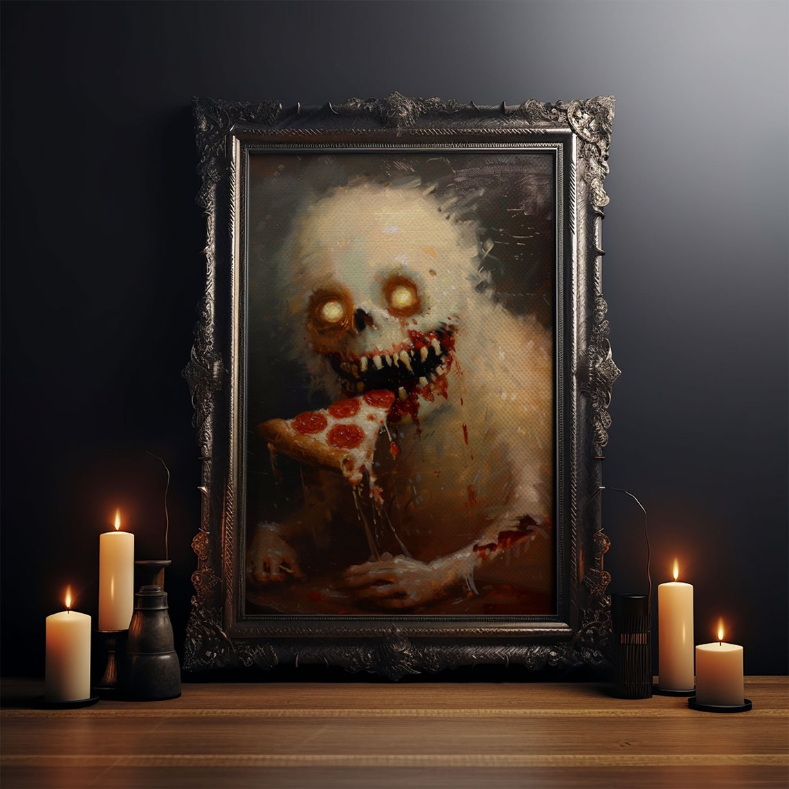 Zombie Ghost Devouring Pepperoni Pizza Horror Funny Art Poster - Image 3