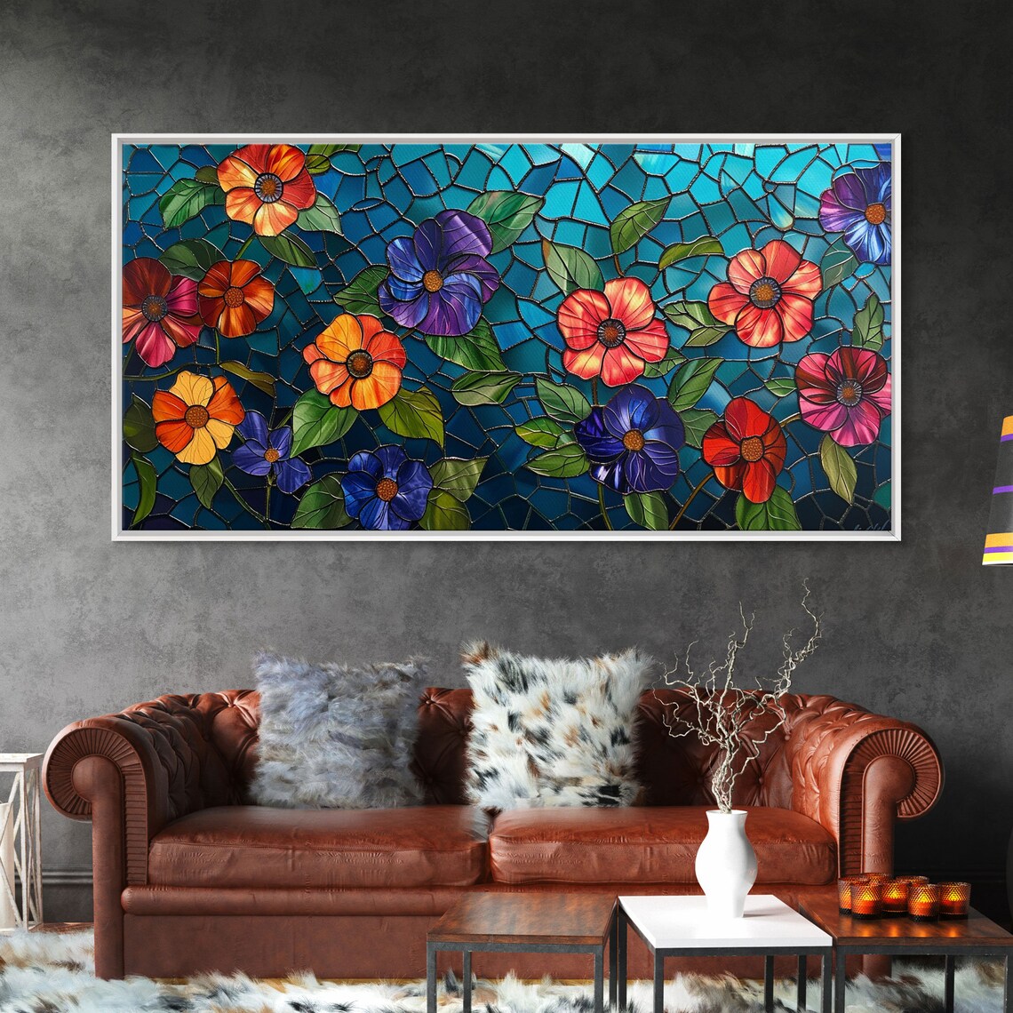 Stained Glass Flowers Turquoise Mosaic Colorful Blooms Wall Art Poster