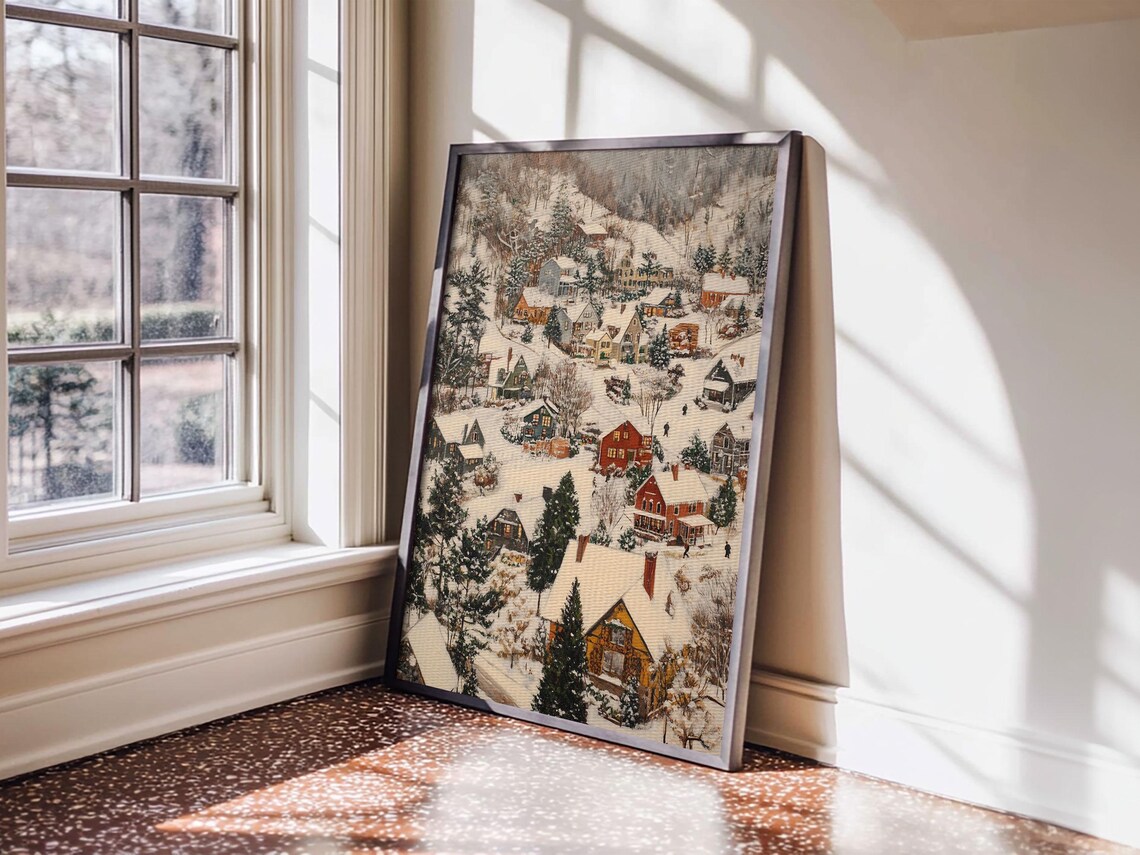 Christmas Village Covered In Snow Framed Print Christmas Oil Painting Print Vintage Christmas Art Print Christmas Wall Art - Image 3