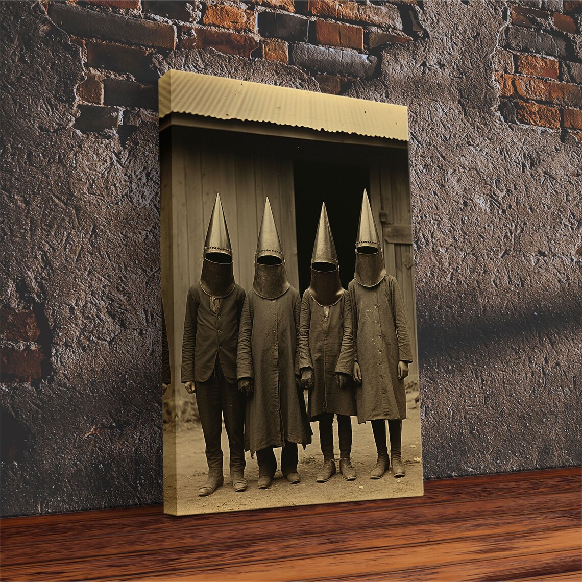 Mysterious Hooded Cone Mask Figures Vintage Sepia Photo Weird Art Print