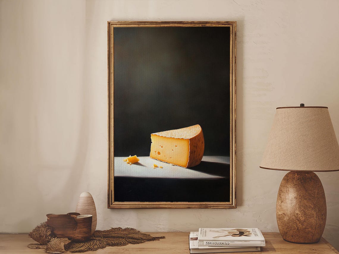 Golden Cheese Wedge Minimalist Still Life Dark Moody Kitchen Wall Art - Image 4