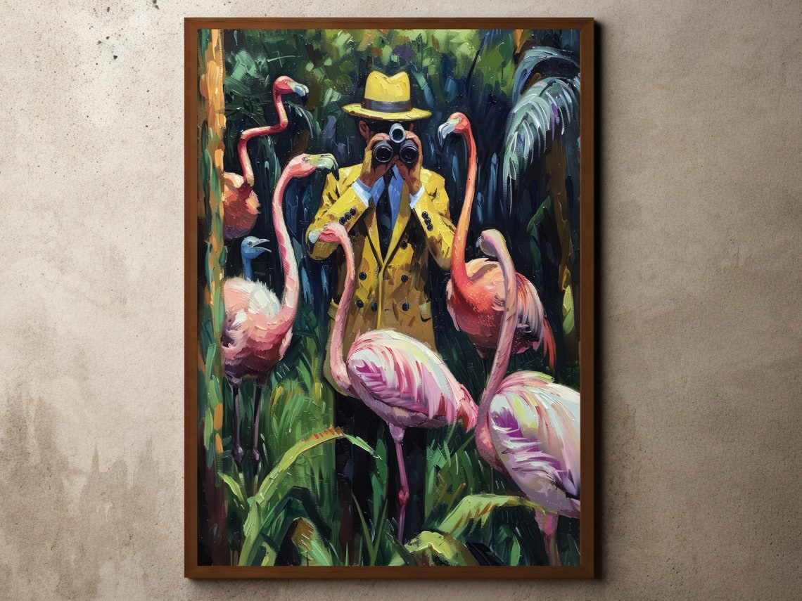 Safari Explorer with Binoculars Watching Flamingos Art Poster