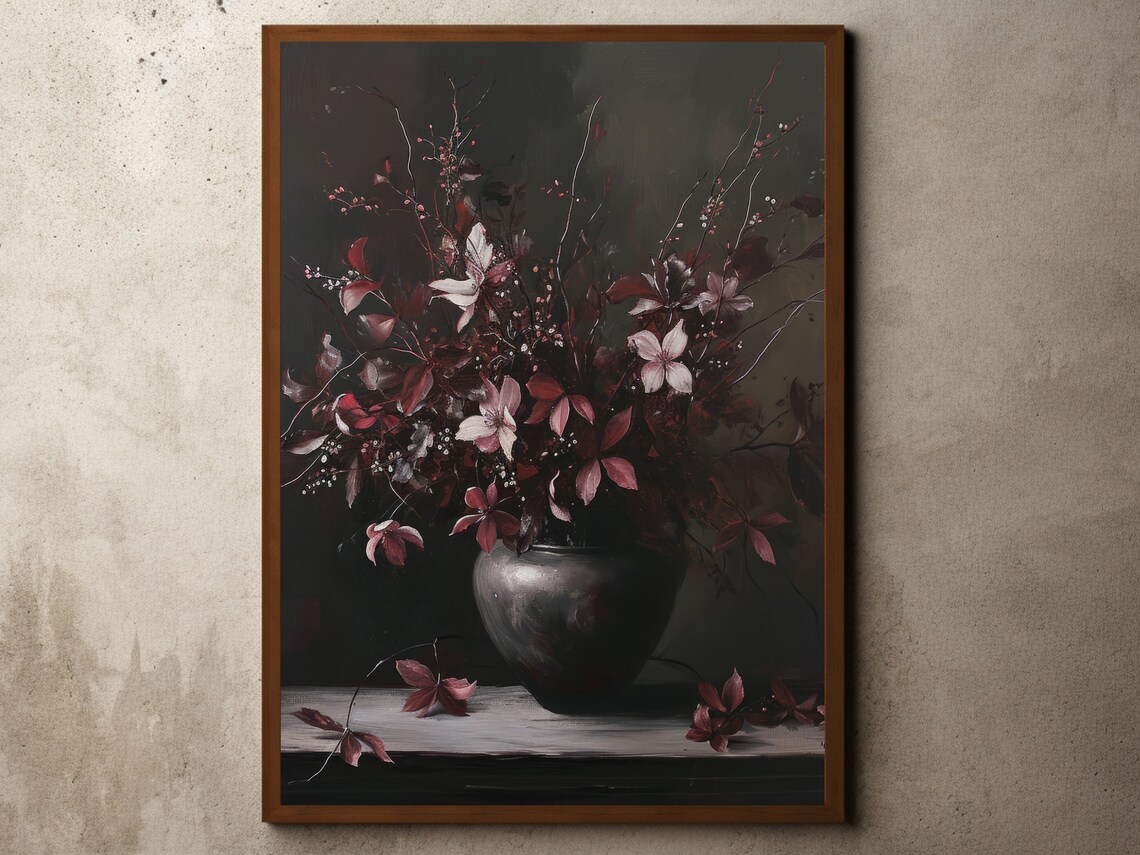 Moody Dark Red Floral Still Life In Dark Vase Oil Art Poster