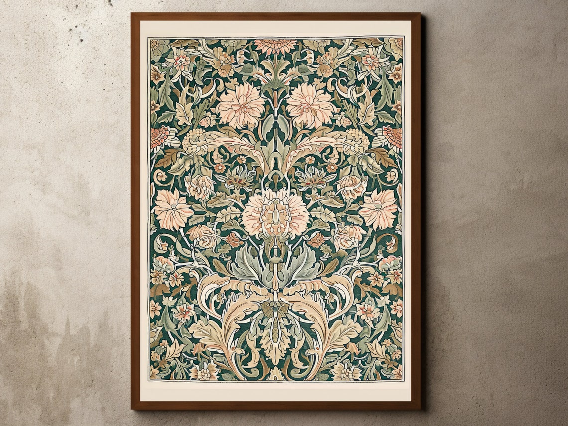 Ornate Floral Tapestry Green Peach Vintage Pattern Textile Wall Art