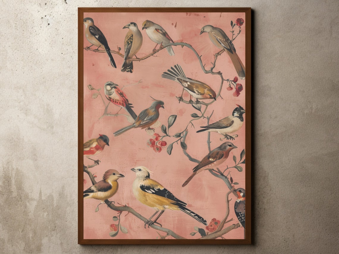 Vintage Birds Perched on Branches Blush Pink Antique Bird Poster
