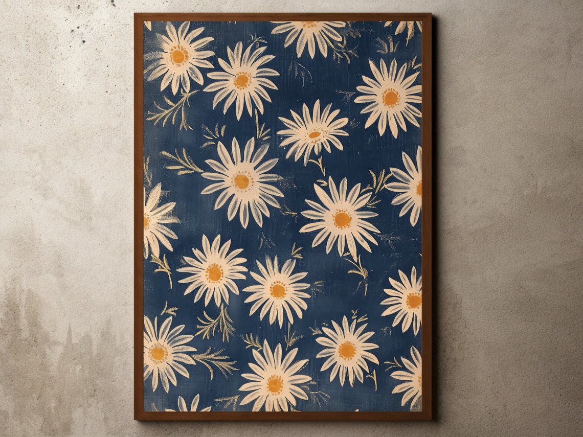 White Daisy Navy Blue Vintage Floral Pattern Rustic Textile Art Poster