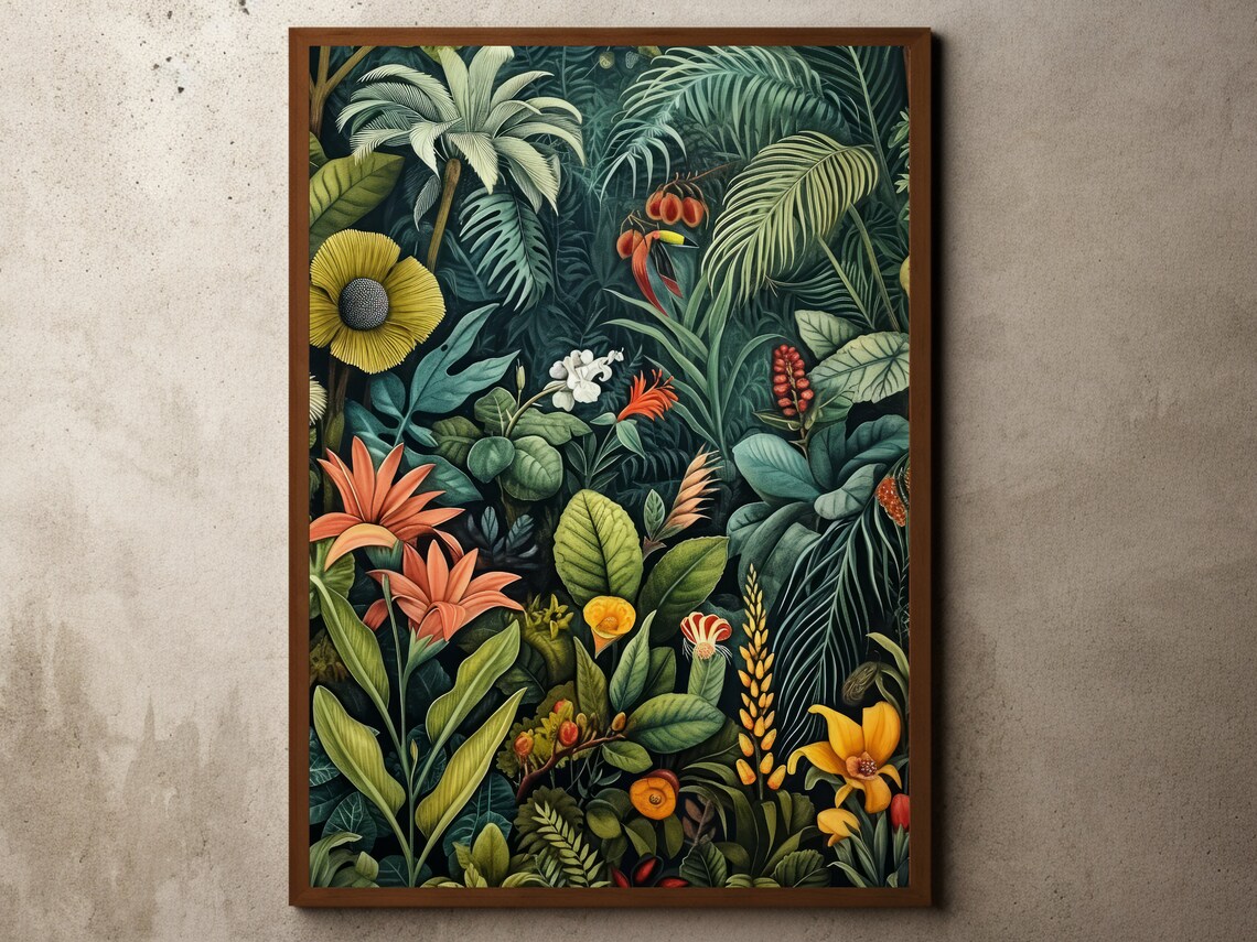 Dense Tropical Jungle With Exotic Flowers Dark Botanical Art Poster