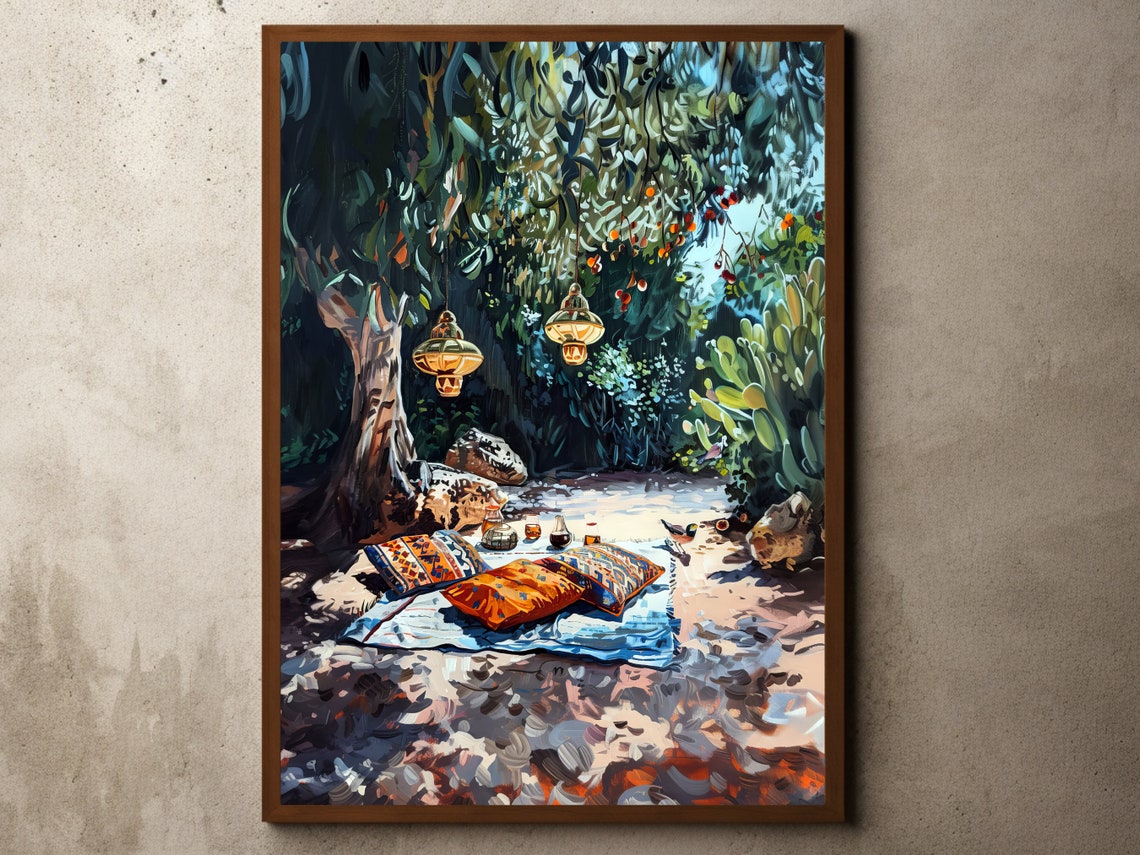 Shaded Garden Picnic with Hanging Lanterns Evening Art Print