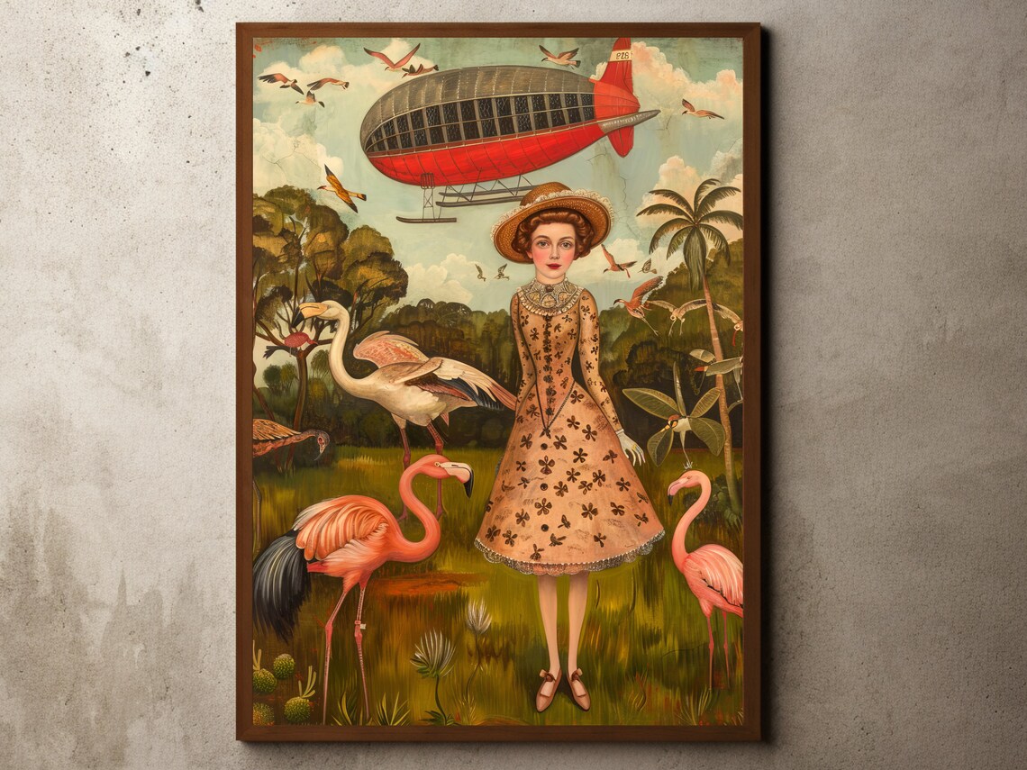 Woman With Flamingos And Airship Whimsical Vintage Colonial Art Poster