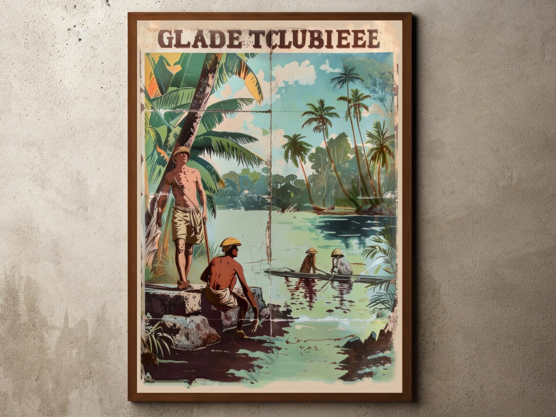 Vintage Tropical River Jungle Colonial Era Style Travel Poster