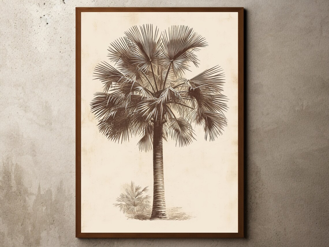 Vintage Palm Tree Drawing Rustic Antique Farmhouse Print Flowers Still Life Botanical Sketch Etching