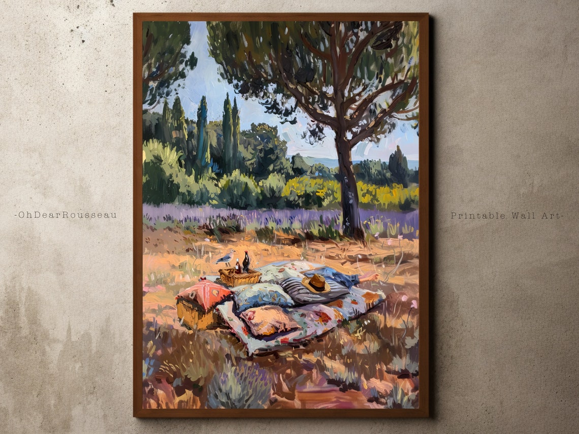 Lavender Field Picnic Watercolor Scene with Cypress Trees Poster
