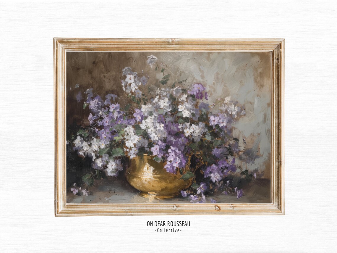 Violet And White Blooms In Gold Vase Vintage Oil Painting Poster