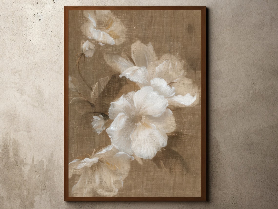 Vintage White Flowers Botanical Poster with Antique Floral Elegance