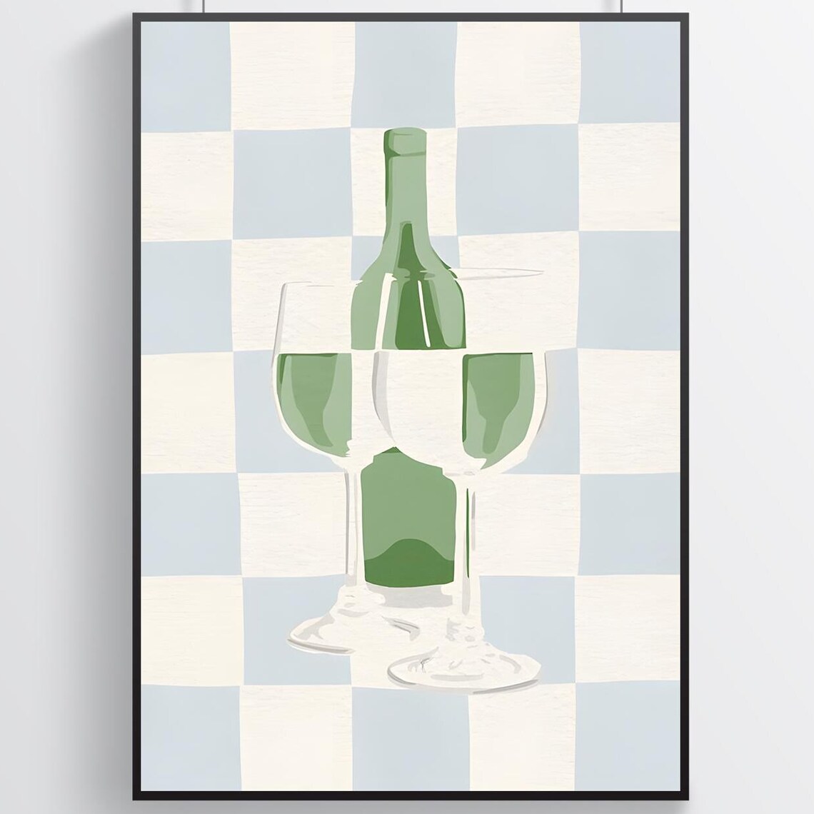 Minimalist Wine Bottle And Two Glasses Checkerboard Kitchen Poster