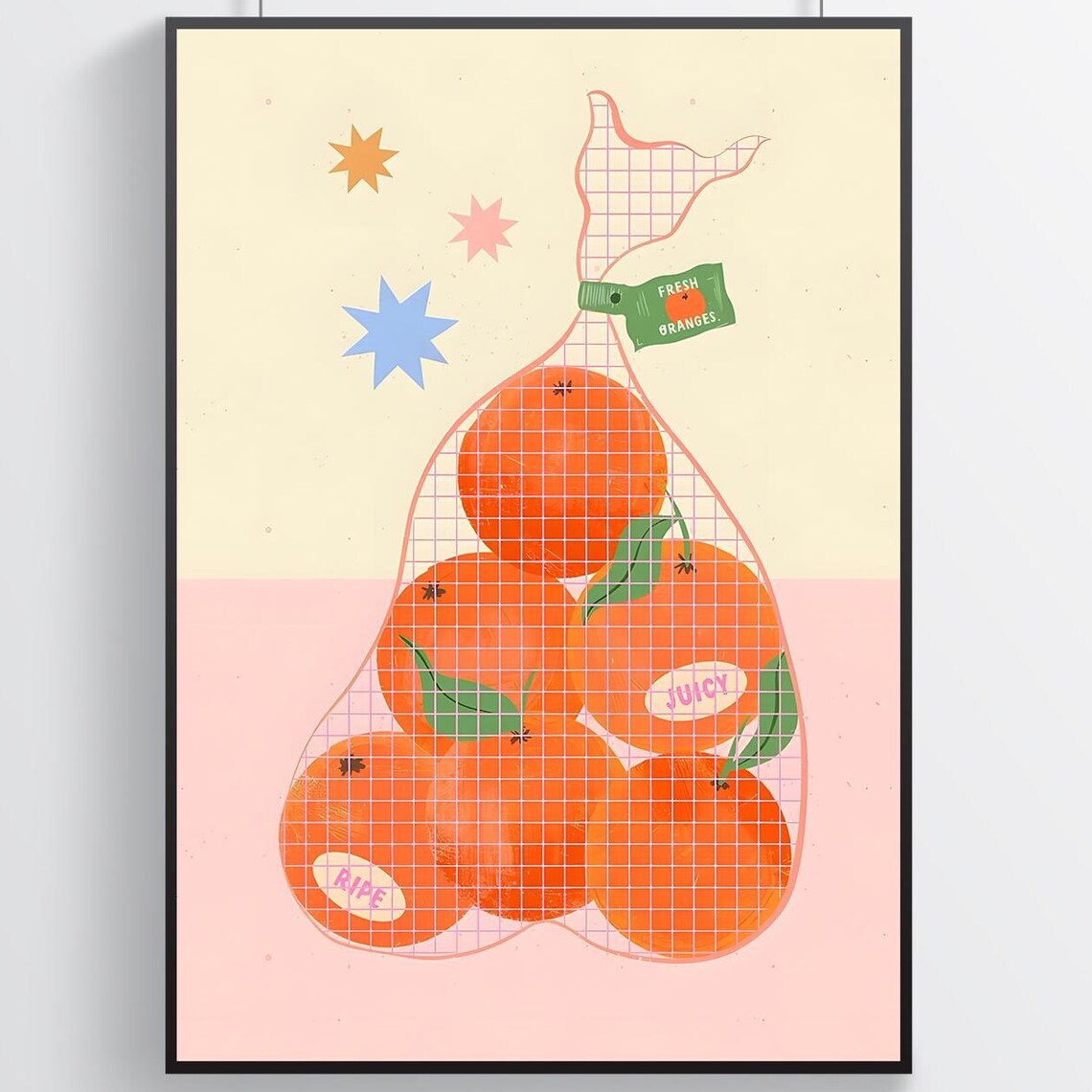 Fresh Oranges Mesh Produce Bag Ripe Juicy Retro Kitchen Poster