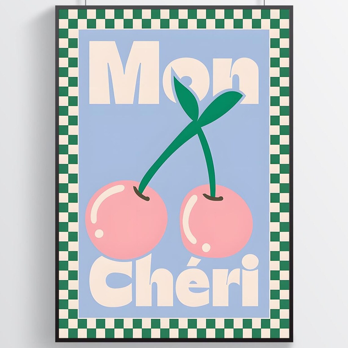 Mon Chéri Big Pink Cherries Blue Retro French Kitchen Poster