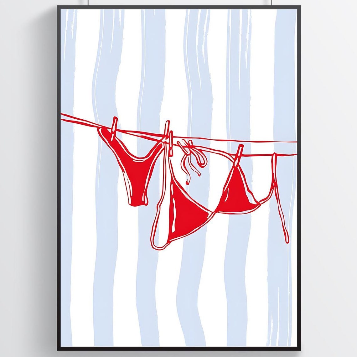 Red Bikini Clothesline Blue Striped Summer Beach House Decor Poster