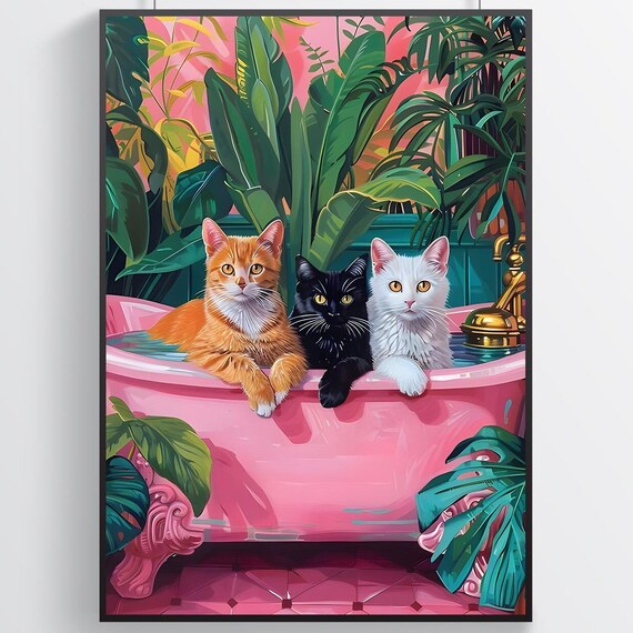 Three Cats Pink Clawfoot Bathtub Tropical Leaves Cute Poster