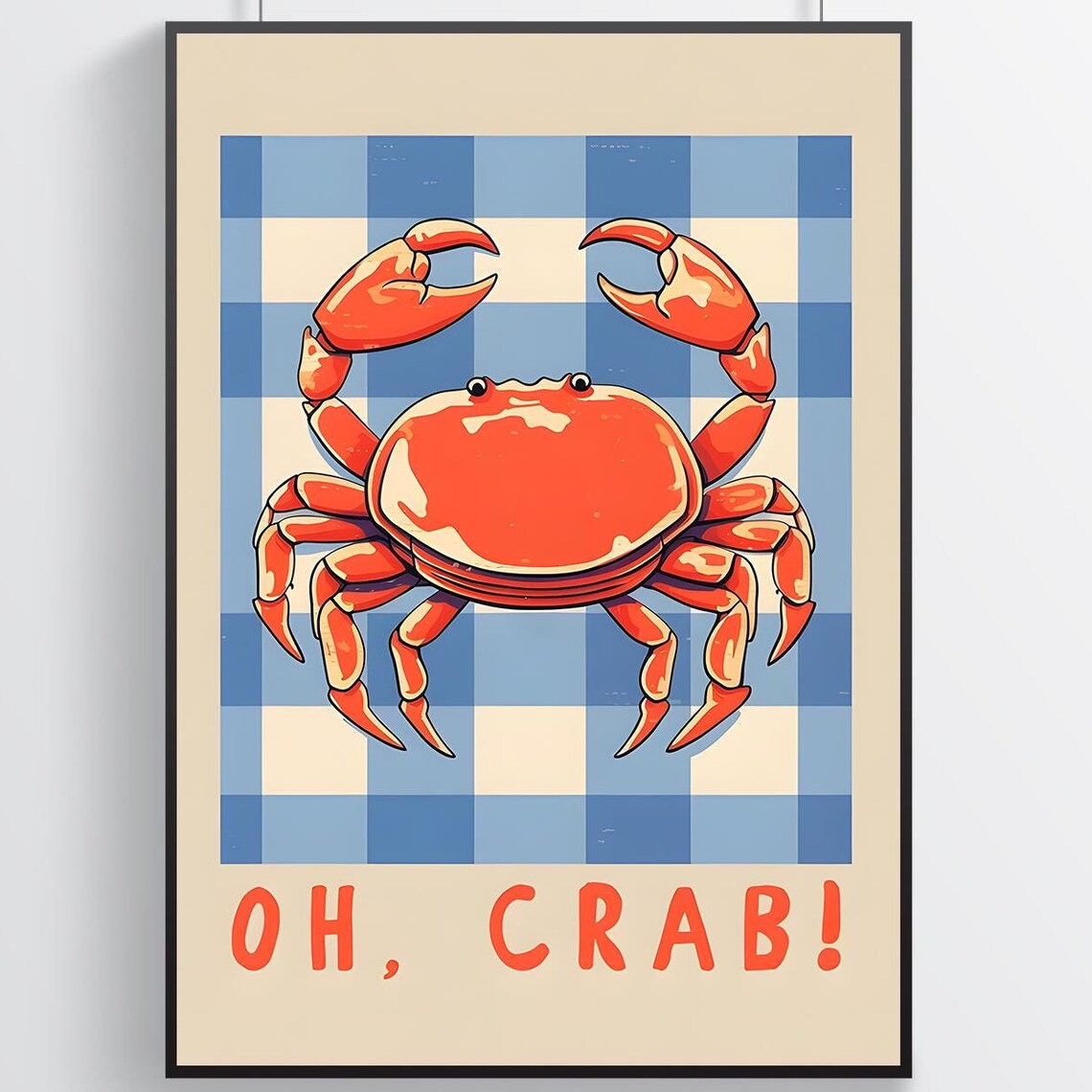 Oh Crab Happy Red Crab On Blue Gingham Coastal Kitchen Poster
