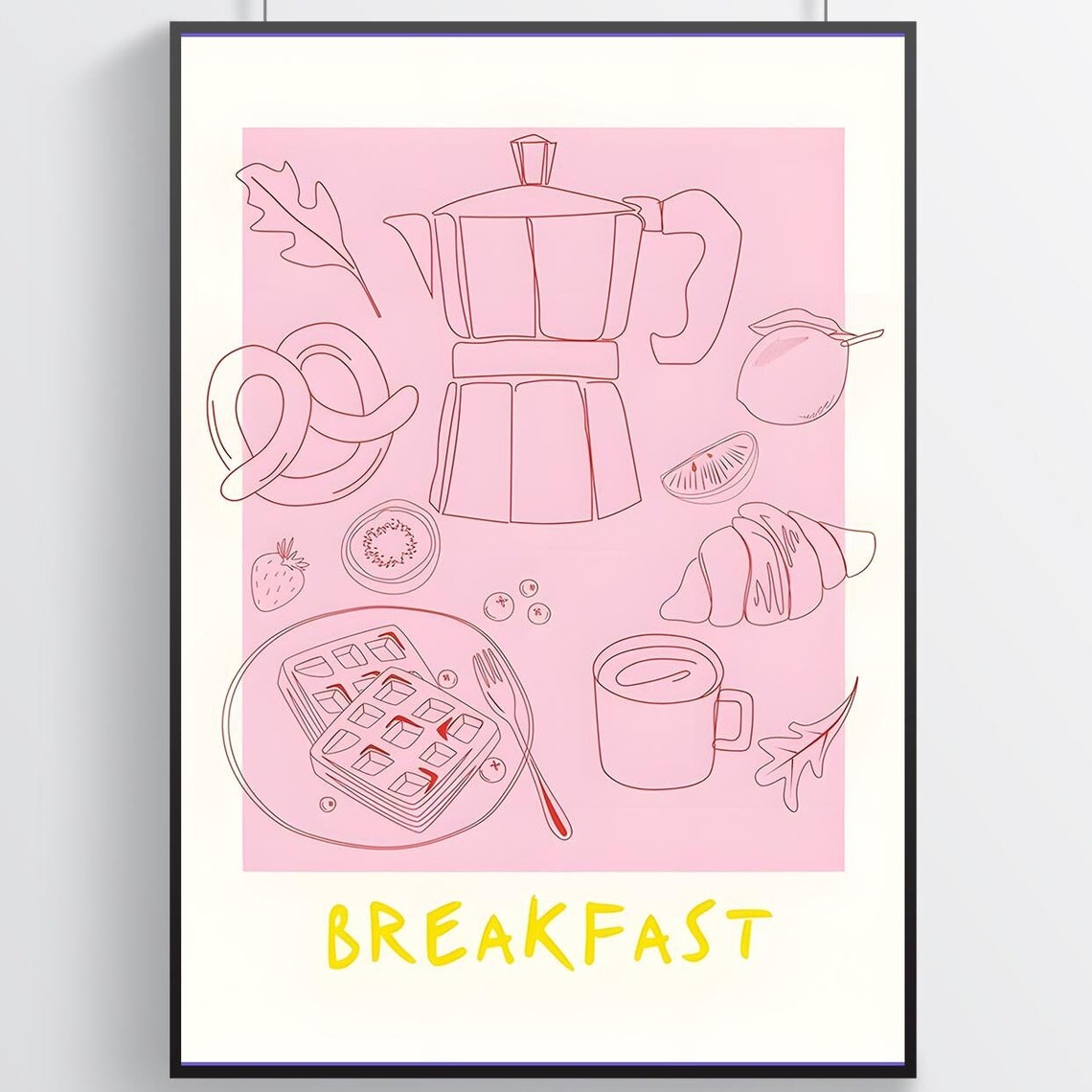 Pink Breakfast Spread Moka Pot Croissant Waffle Kitchen Art Poster