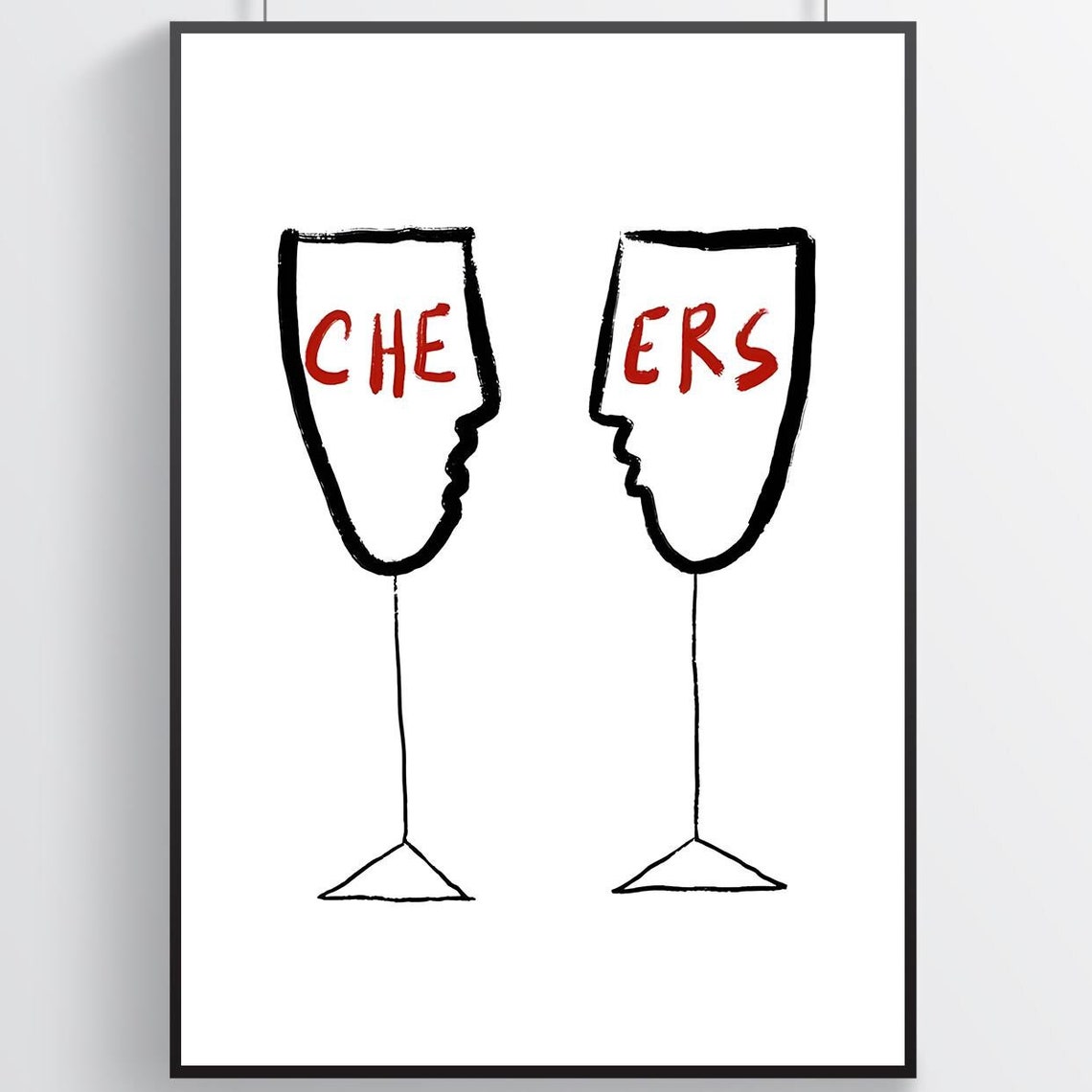 Funny Cheers Wine Glass Faces Minimalist Line Art Bar Poster