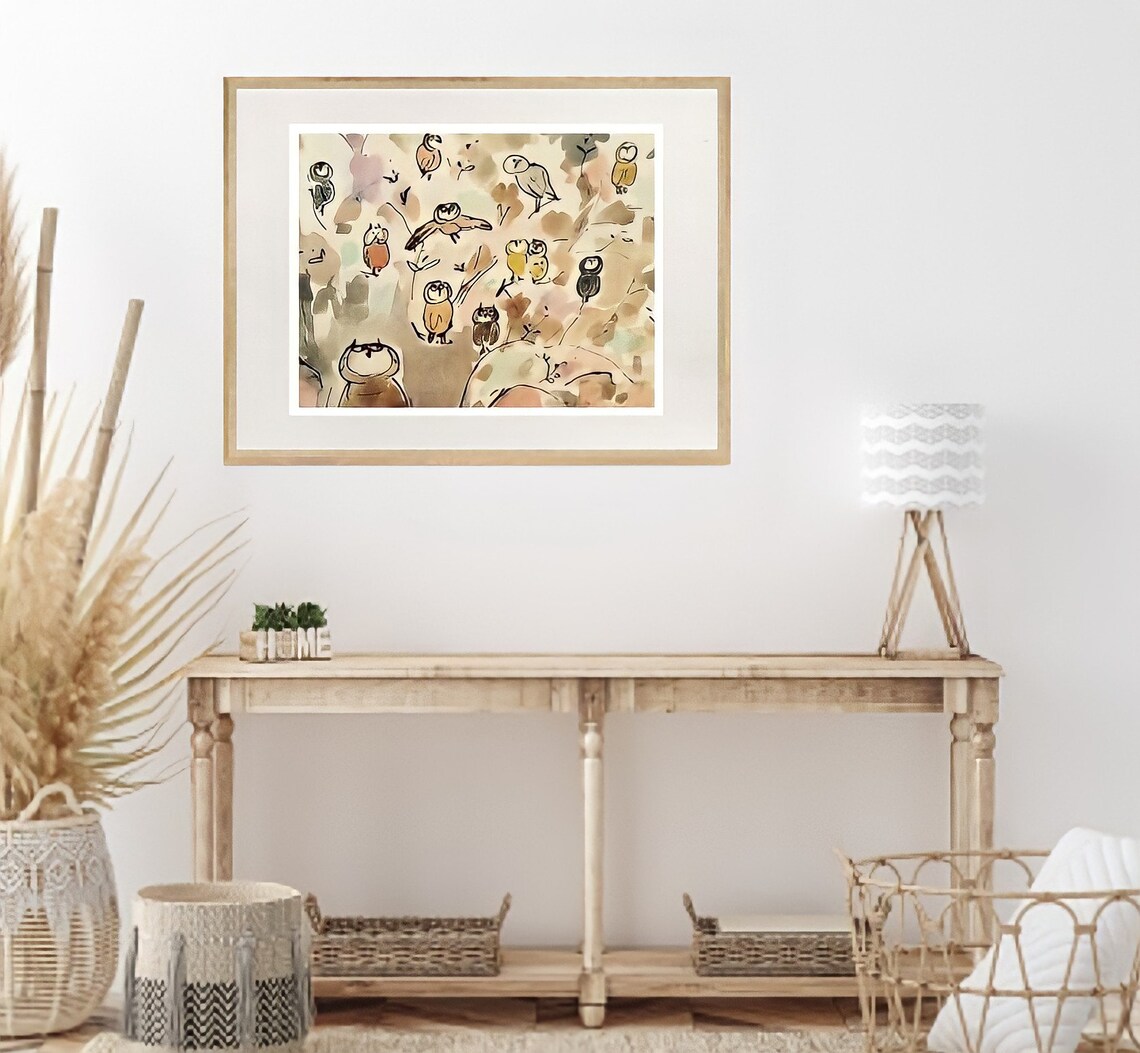 Whimsical Owl Gathering Colorful Loose Ink Wash Funny Art Poster - Image 4