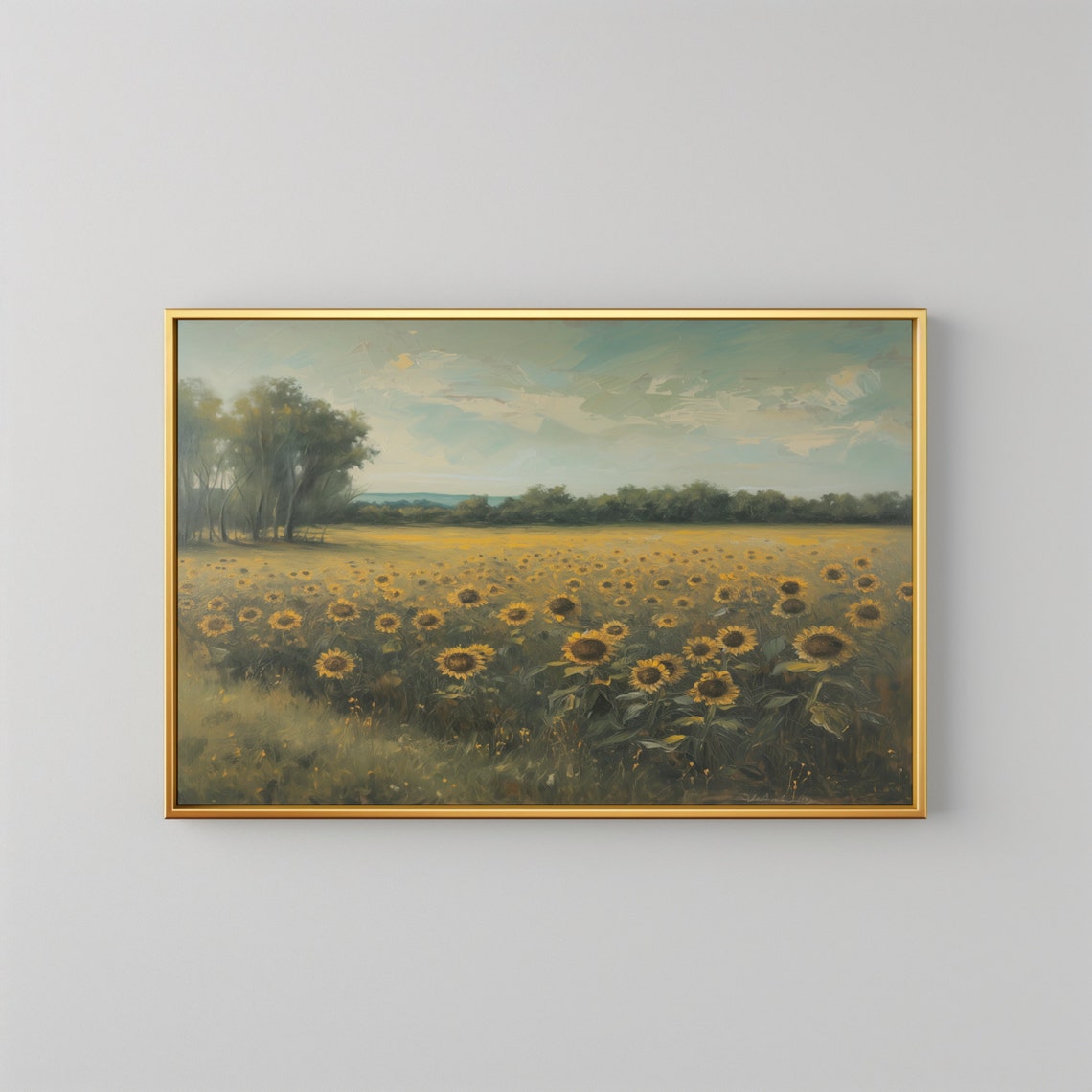 Vintage Landscape Art Of Sunflower Field Farmhouse Art Floral Oil Painting Botanical Wall Art - Image 2