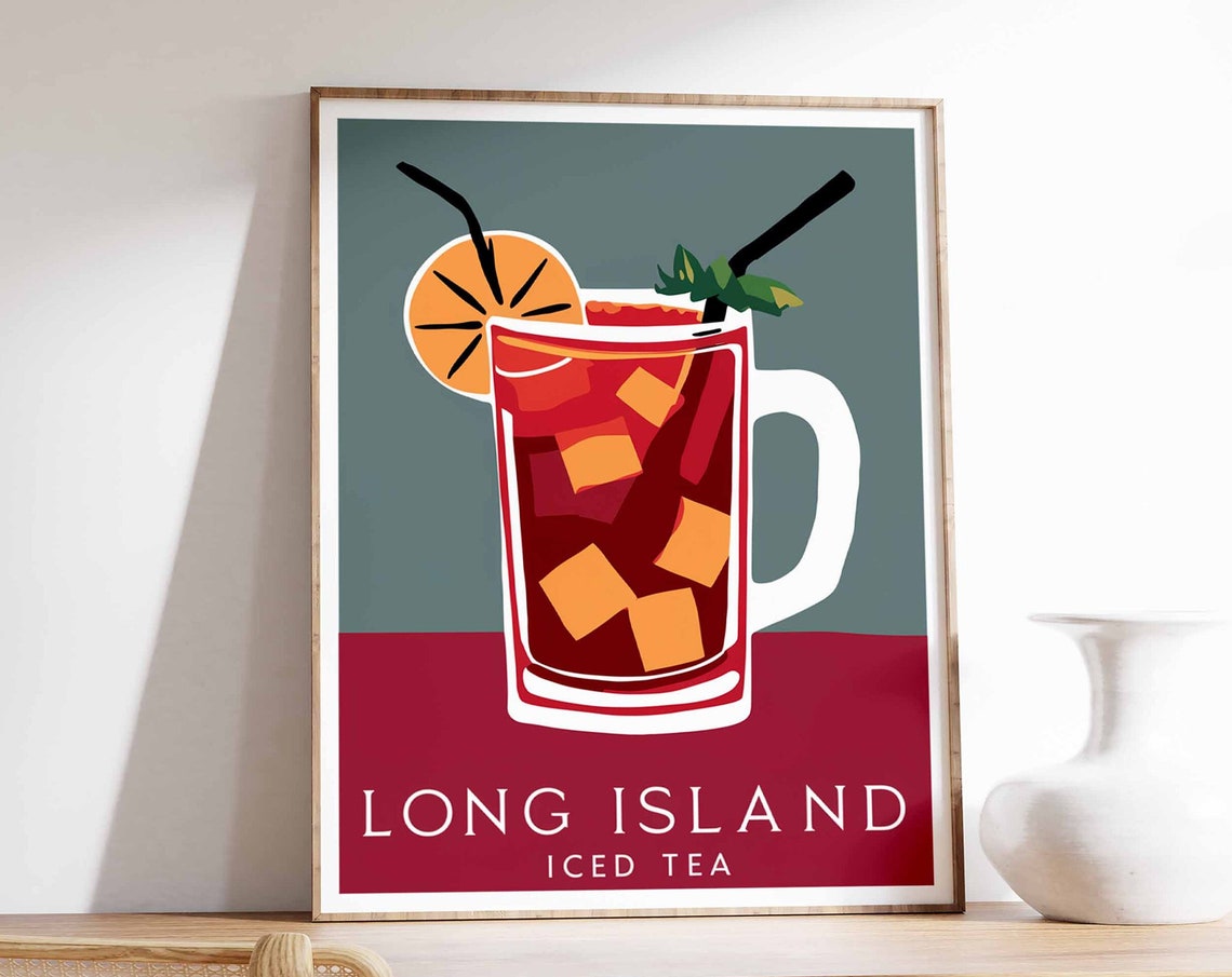 Long Island Iced Tea Red Ice Mug Orange Retro Cocktail Bar Poster