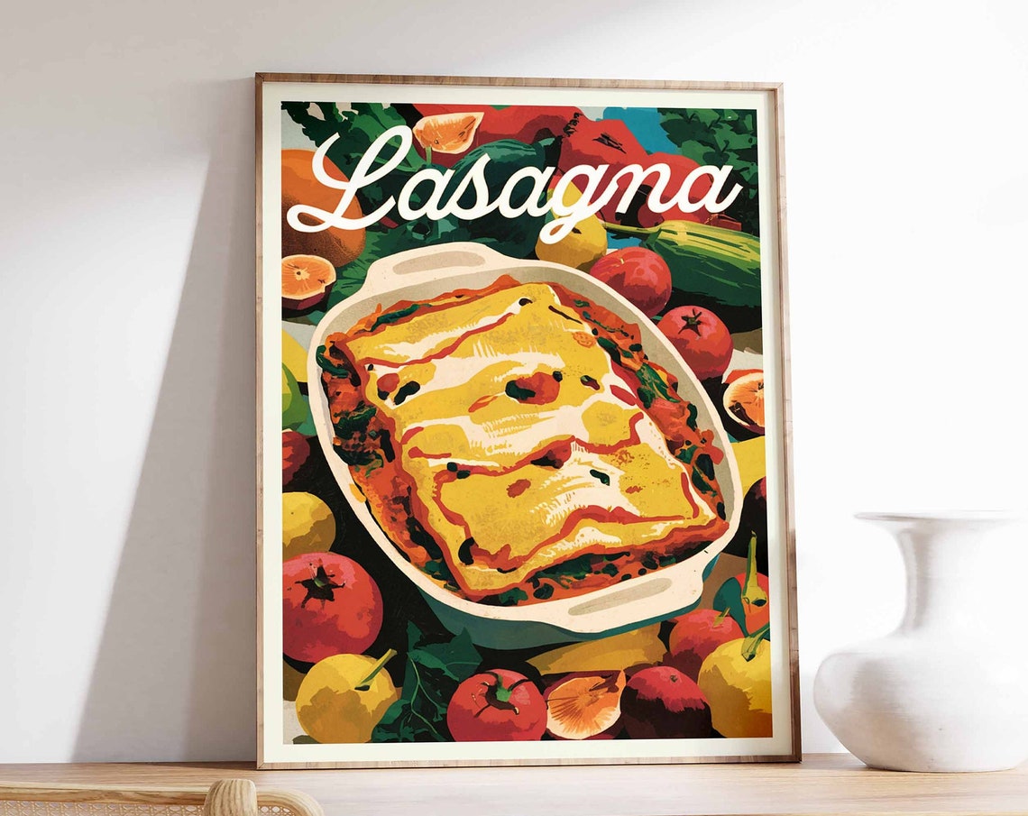 Lasagna Baked Dish Script Lettering Peppers Tomatoes Kitchen Poster