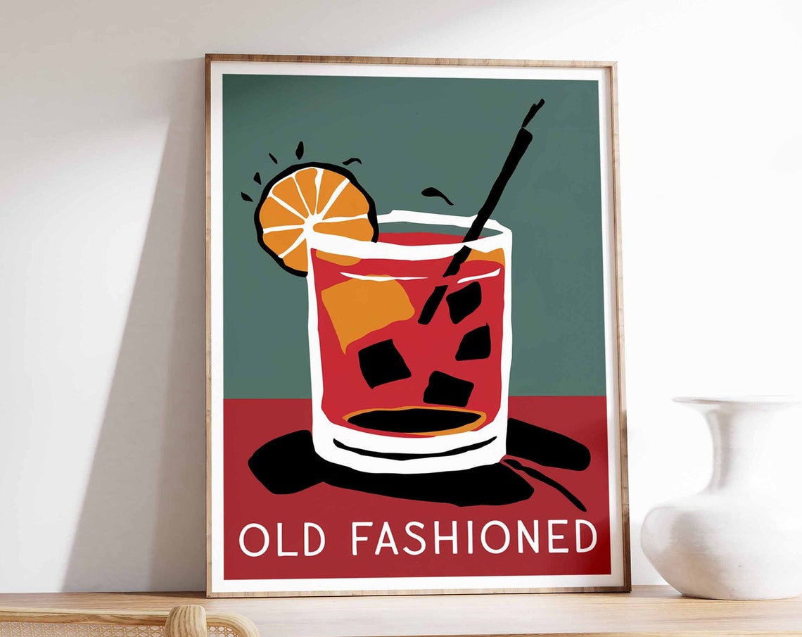 Old Fashioned Cocktail Orange Slice Green Retro Bar Decor Wall Art
